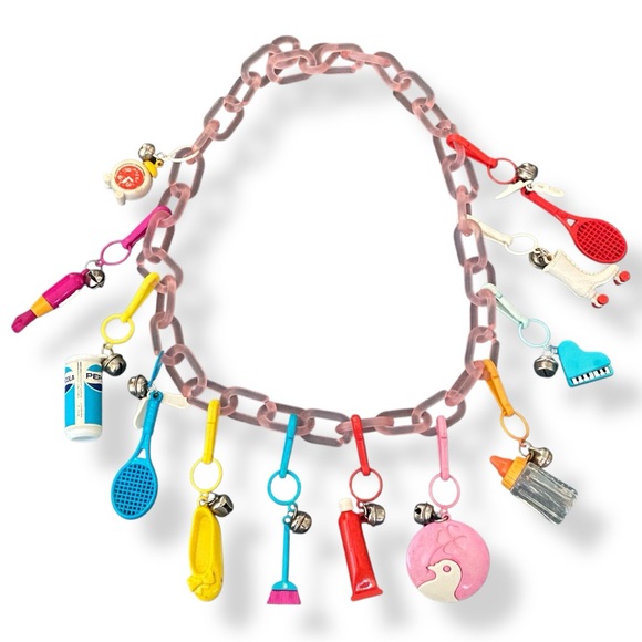 Bundle 12 Clip On Bell Charms Plastic Necklace Vintage 1980's Keychain Pendants